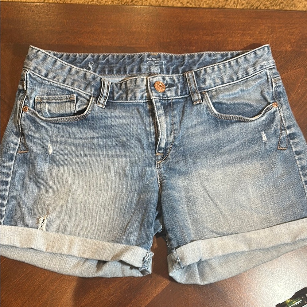 The Loft - medium faded 
Blue Distressed Jean Shorts with Cuffed Hem Size 8